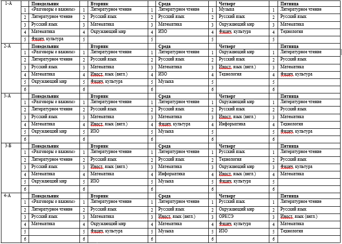 Расписание на 2023-2024 учебный год в 1-4 классах